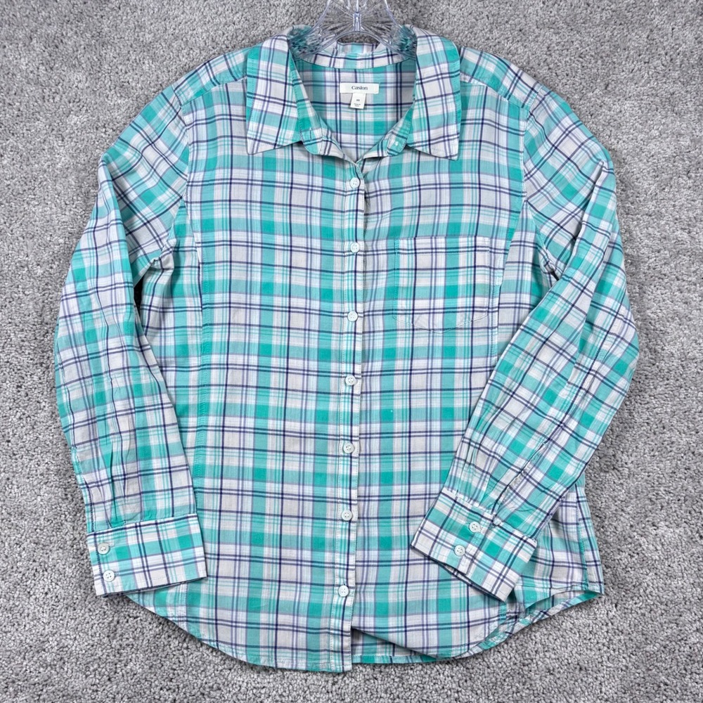 Caslon Womens Plaid Button Up Shirt Teal White Purple Cotton Long Sleeve Size M‎
